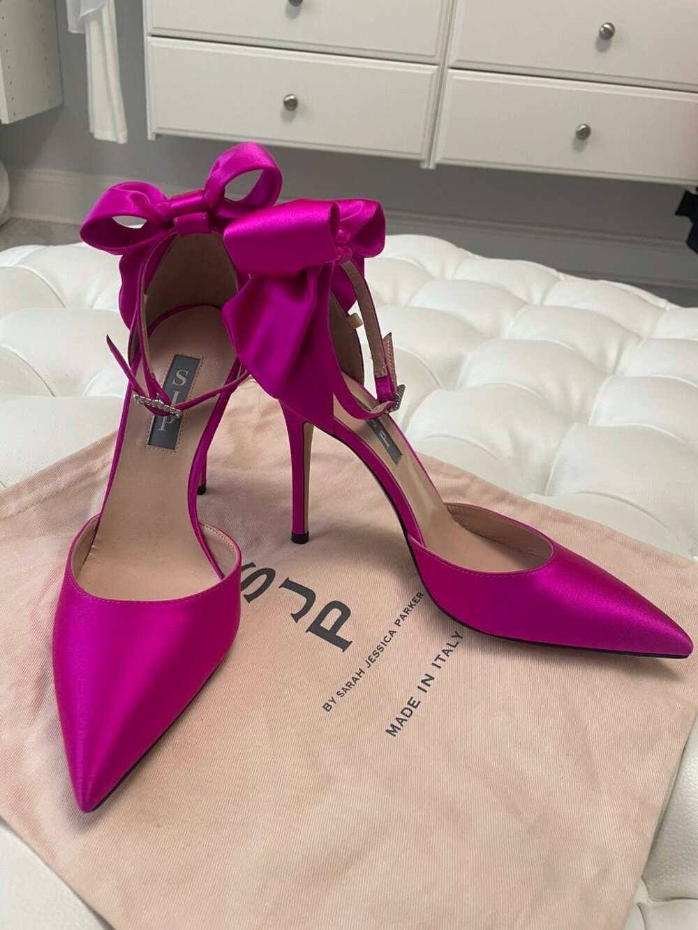 SJP By Sarah Jessica Parker Trance Bow Satin Stiletto Ankle Strap Pumps
